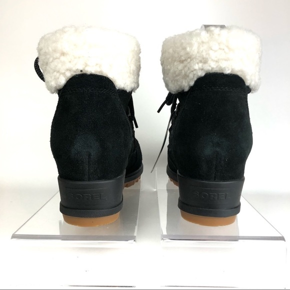 Sorel Black Suede Sherpa Sheep like Fur Wedge Comfy Shoes Sz 9 - HTF - Picture 5 of 8